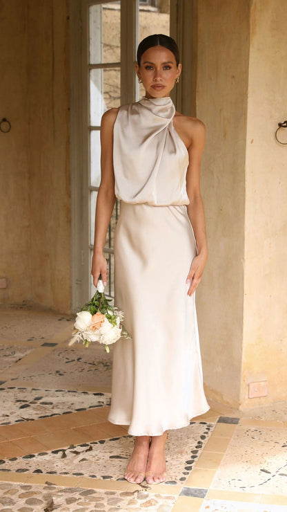 Sleeveless Halter Solid Color Satin Dress Apricot