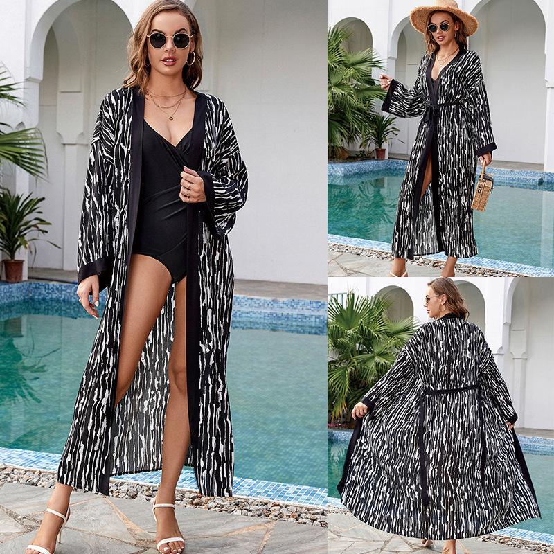 Black Edged Rayon Printed Beach Cover Up Sexy Cardigan Loose Bikini Cover One Size Black White Line