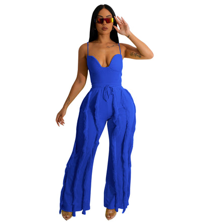 Tassel Lace Sling Jumpsuit Blue