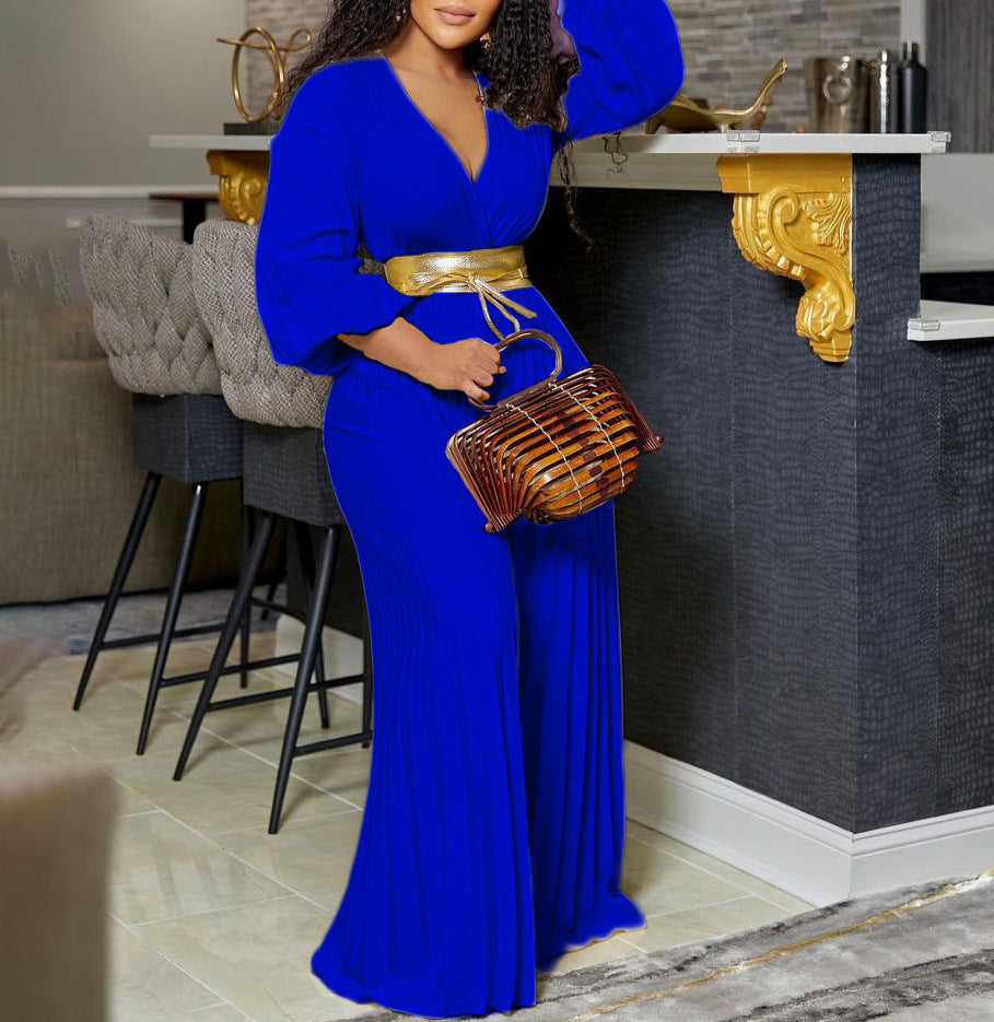 Summer V neck Pleated Wide Leg Jumpsuit