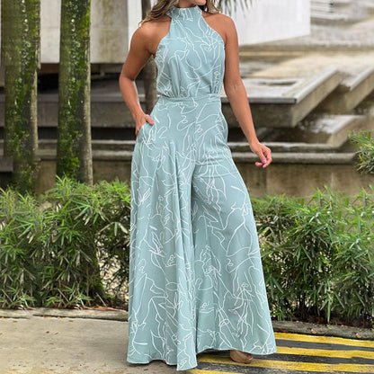 High Waist Lace up Sleeveless Halter Jumpsuit Blue