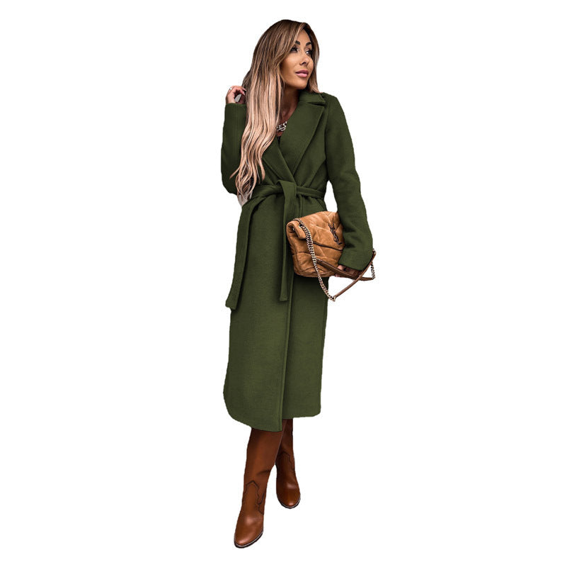 Solid Color Woolen Long Sleeve Trench Coat