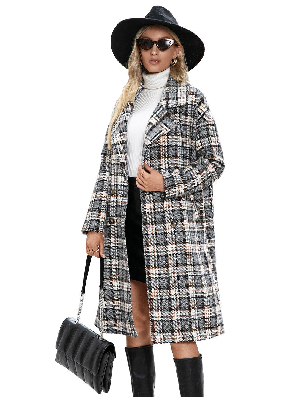 Houndstooth Woolen Plaid Trench Coat