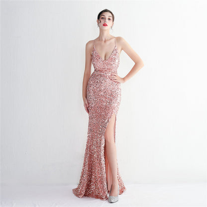 Velvet Bottom Sequined Dress Champagne Pink