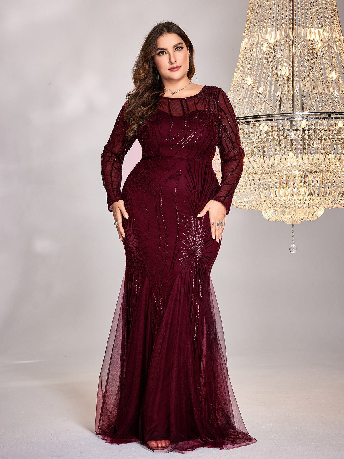 Plus Size Dress Long Sleeve Round Neck Bridesmaid Cocktail Evening Dress Burgundy