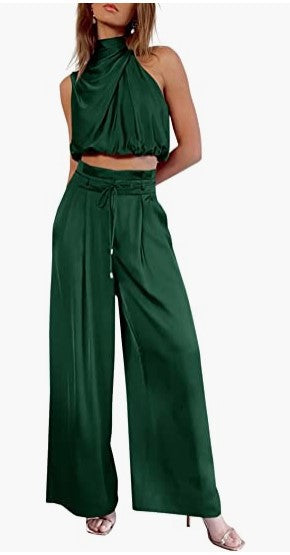 Sleeveless Collar Two Piece Sets Dark Green