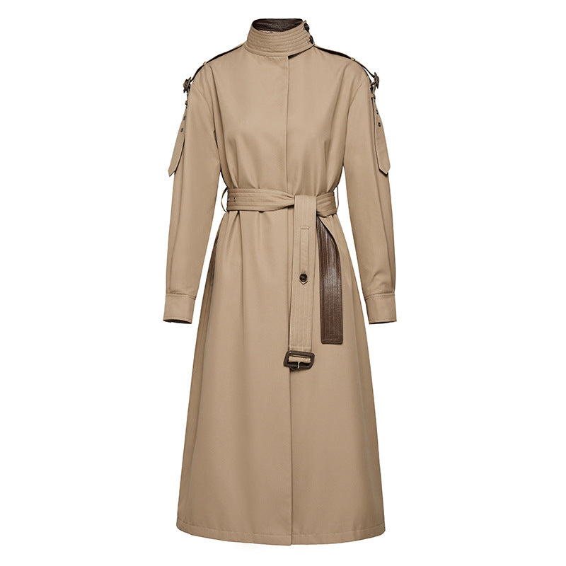 Leather Patchwork Two-Color Trench Coat Khaki