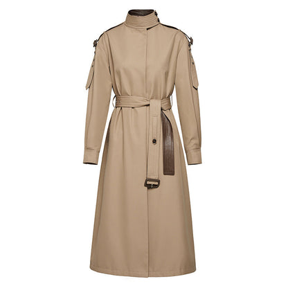 Leather Patchwork Two-Color Trench Coat Khaki
