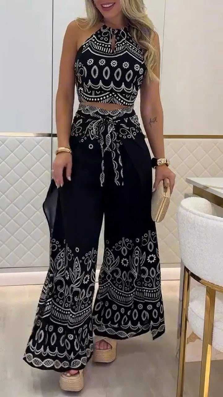 Boho Halter Top & Wide Leg Pants Two Piece Sets Black