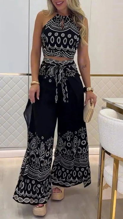 Boho Halter Top & Wide Leg Pants Two Piece Sets Black