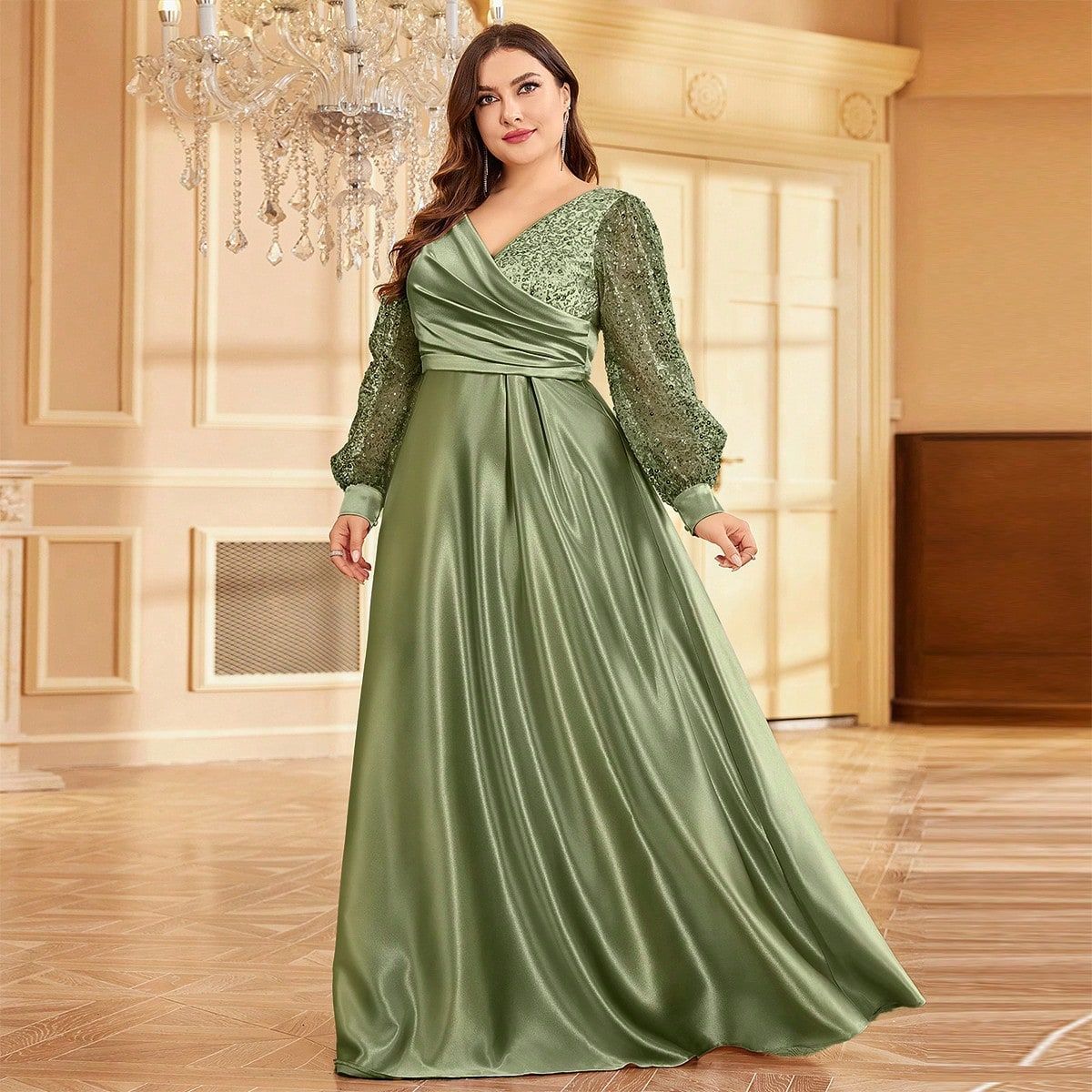 Satin V neck Long Sleeve Dress Maxi Dress Sequin Cocktail Evening Dress Women Green