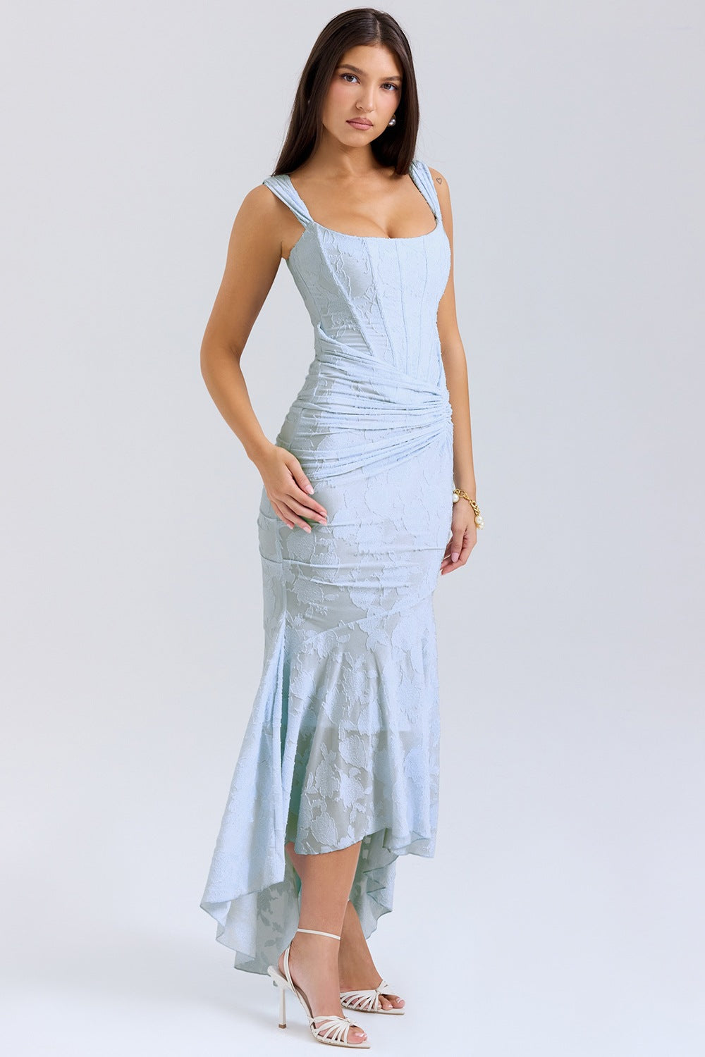 Square Collar Jacquard Pleated Sleeveless Cami Dress Light Blue