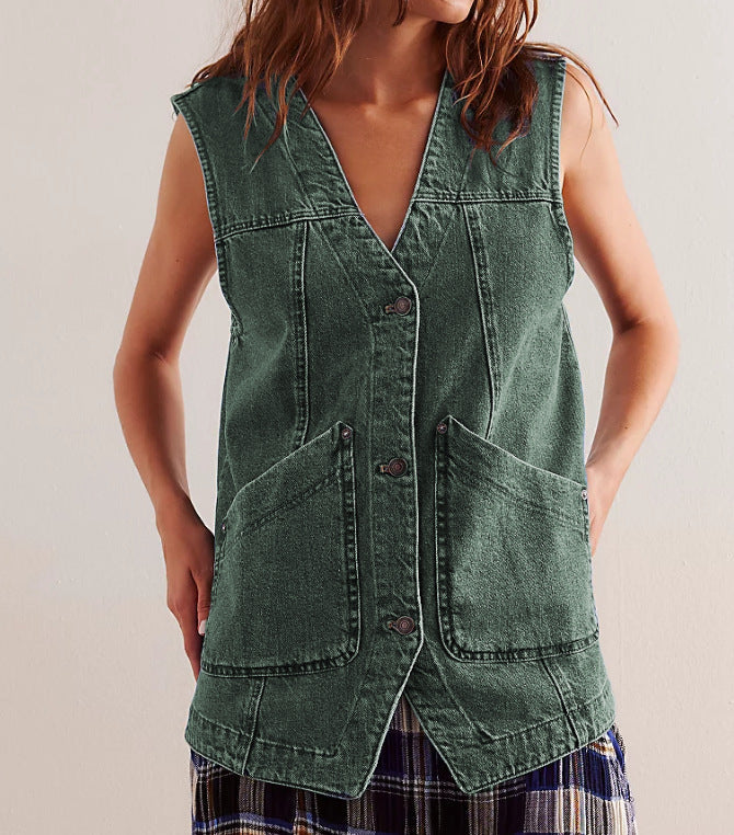 Denim Sleeveless Vest Green