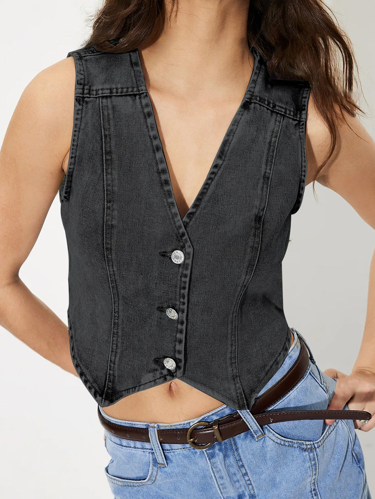 Denim V-neck Vest Top Gray Black