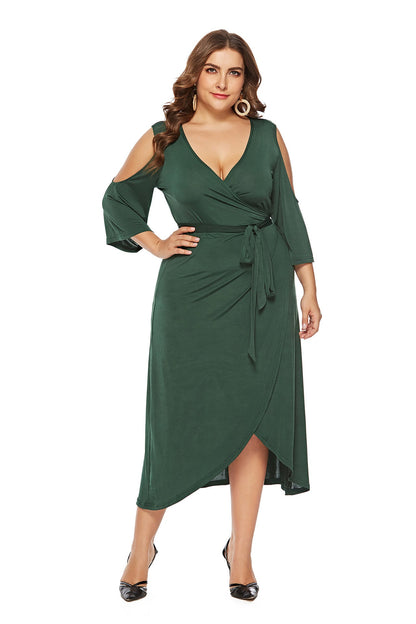 Short Sleeve Split Lace Up Off Shoulder Dress Green