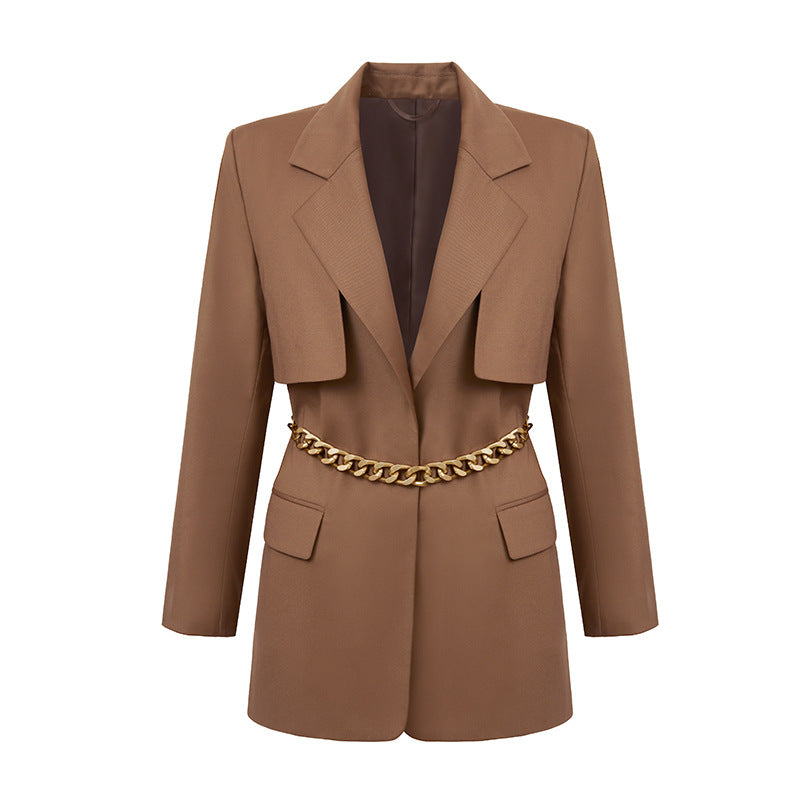 Element Spring Autumn Niche Design Fried Street Quality Metal Waist Tight Profile Mid Length Women Deep Coffee