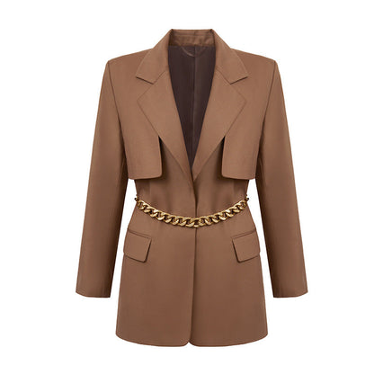 Element Spring Autumn Niche Design Fried Street Quality Metal Waist Tight Profile Mid Length Women Deep Coffee