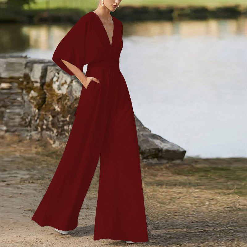 Deep V Plunge High Waist Wide Leg Trousers Burgundy