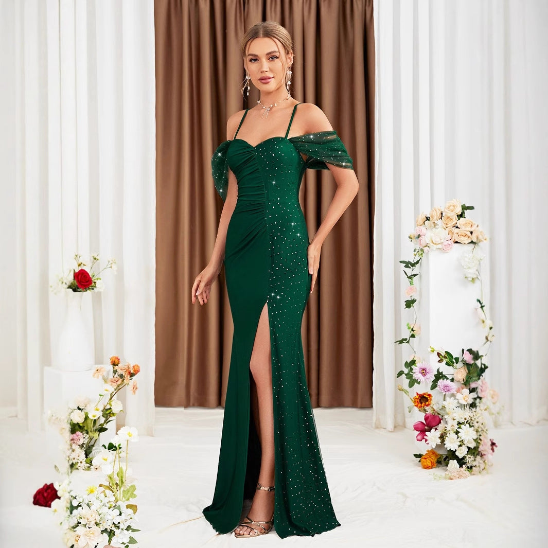Off Shoulder Spaghetti Straps Evening Dress Slit Gown