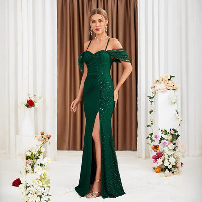 Off Shoulder Spaghetti Straps Evening Dress Slit Gown