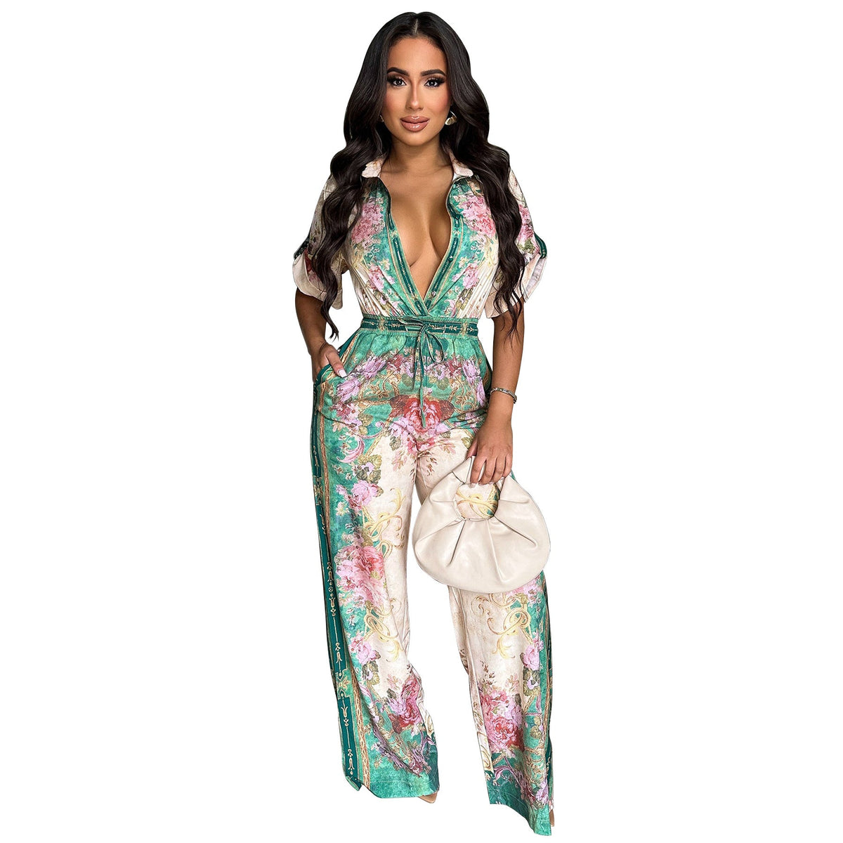 Sexy V neck Vintage Printed Jumpsuit Women Light Green