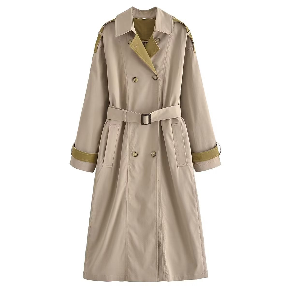 Contrast Color Loose Trench Coat Khaki