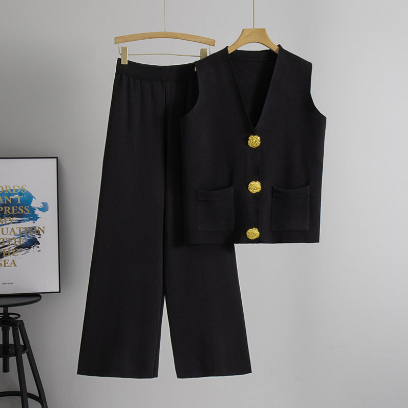 V neck Knitted Two Piece Set One Size Black