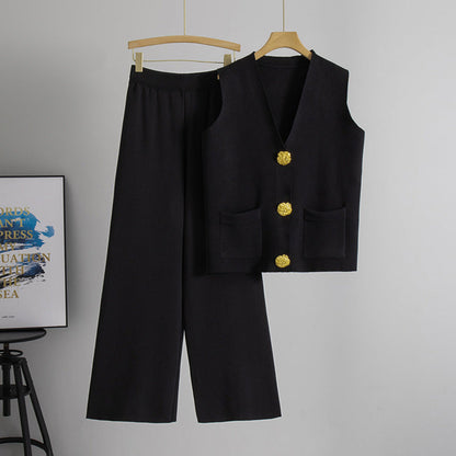 V neck Knitted Two Piece Set One Size Black
