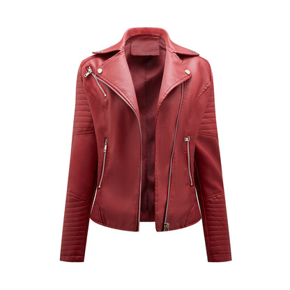 Faux Leather Collared Motorcycle Jacket Burgundy