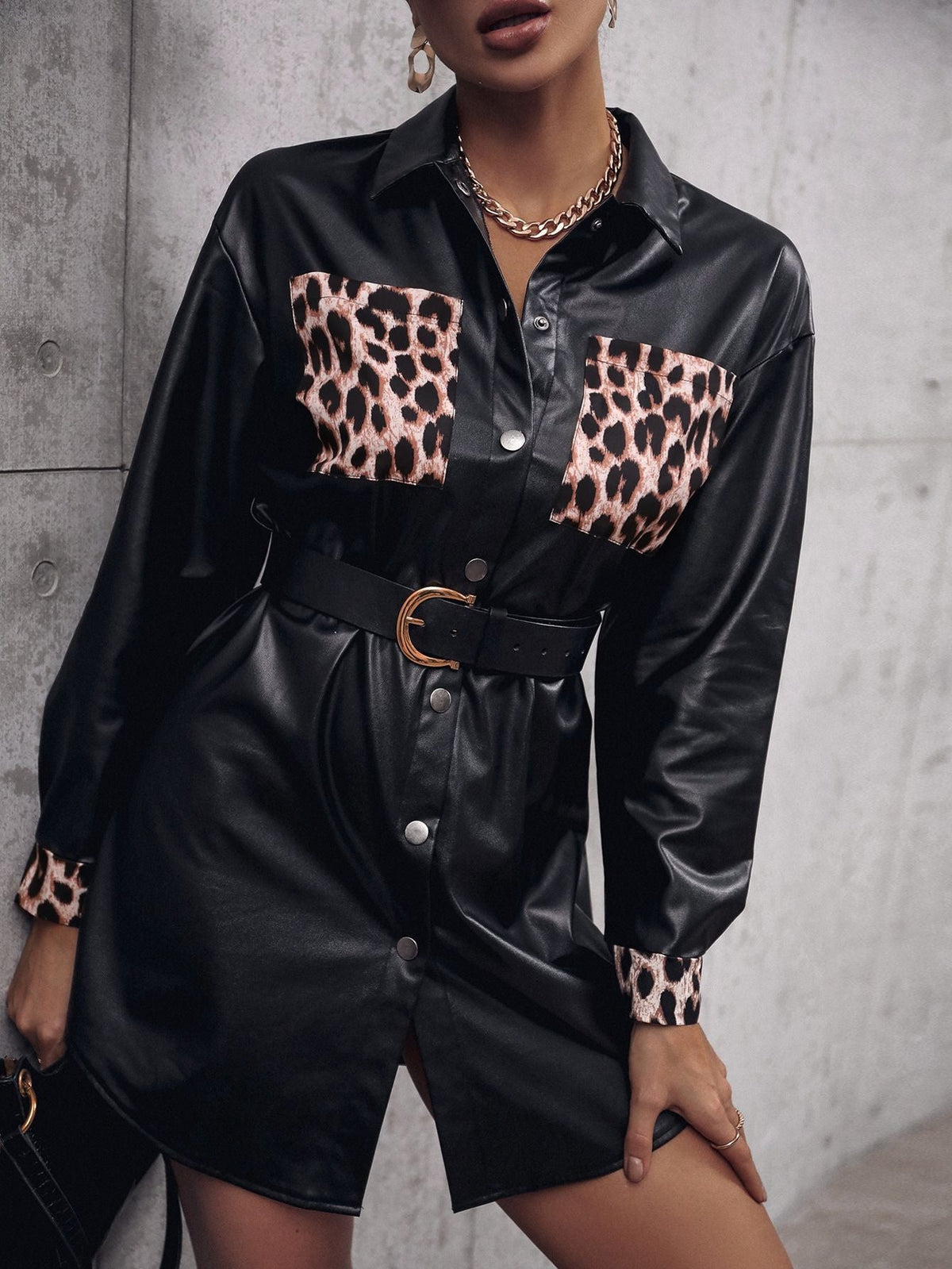 Faux Leather Leopard Trench Coat Black