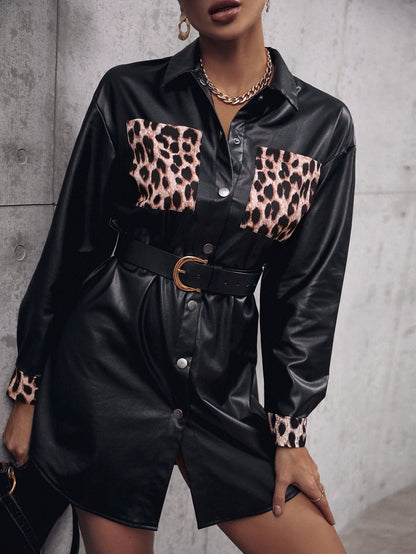 Faux Leather Leopard Trench Coat Black