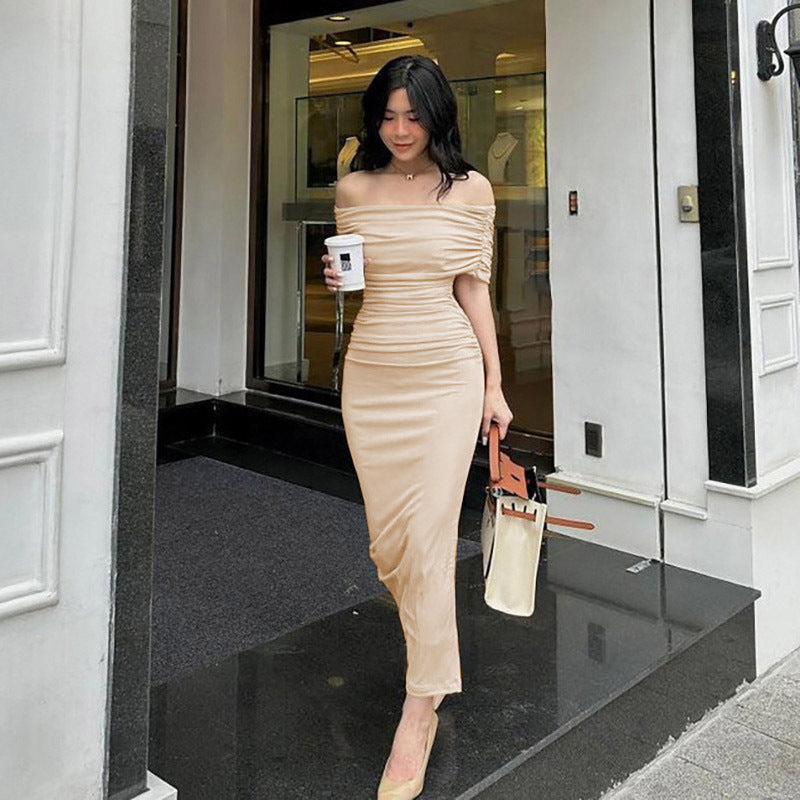 Spring Off Shoulder Pleated Dress Slim Fit Slimming Slit Bottoming Formal Dress Apricot