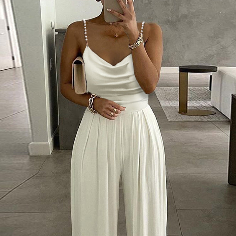 Wide Leg Sleeveless V-neck Backless Jumpsuit White