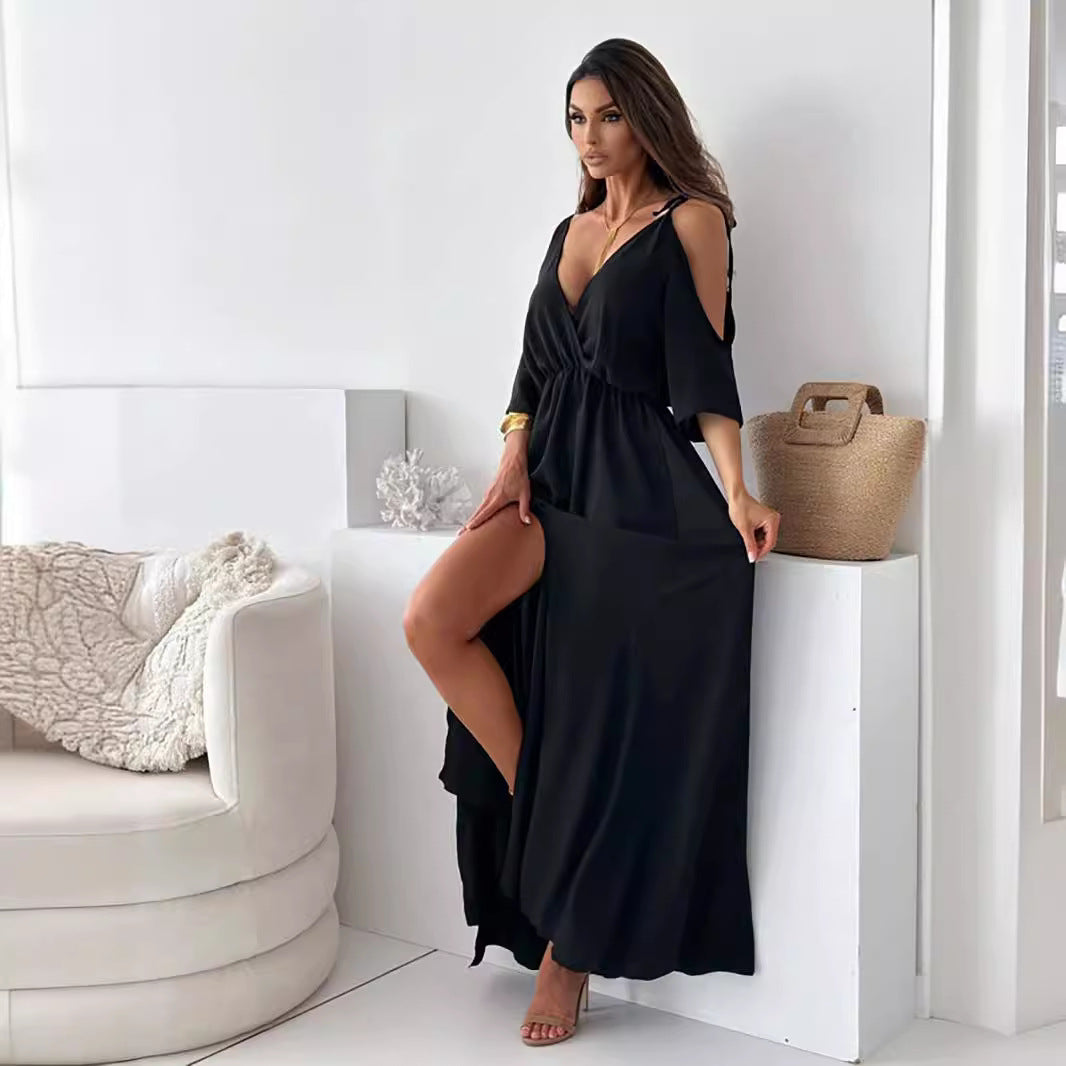 Solid Color Sexy Mid Length Dress Black