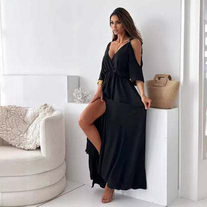 Solid Color Sexy Mid Length Dress Black
