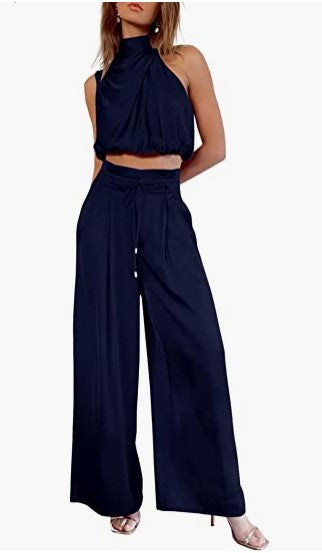 Sleeveless Collar Two Piece Sets Navy Blue