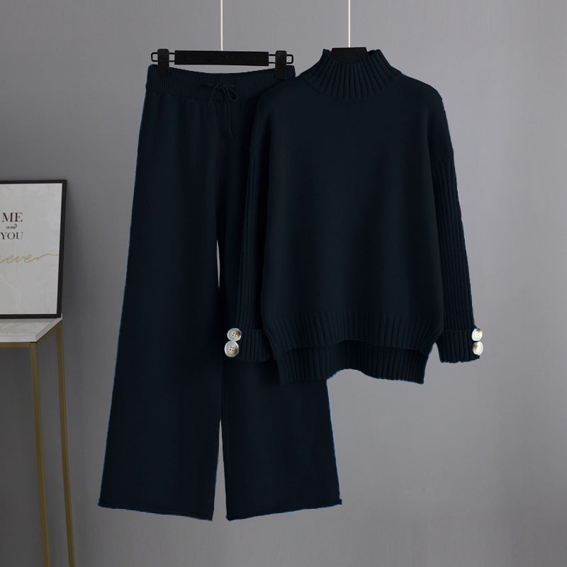 High Collar Solid Knit Set One Size Black