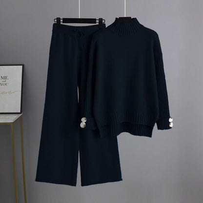 High Collar Solid Knit Set One Size Black