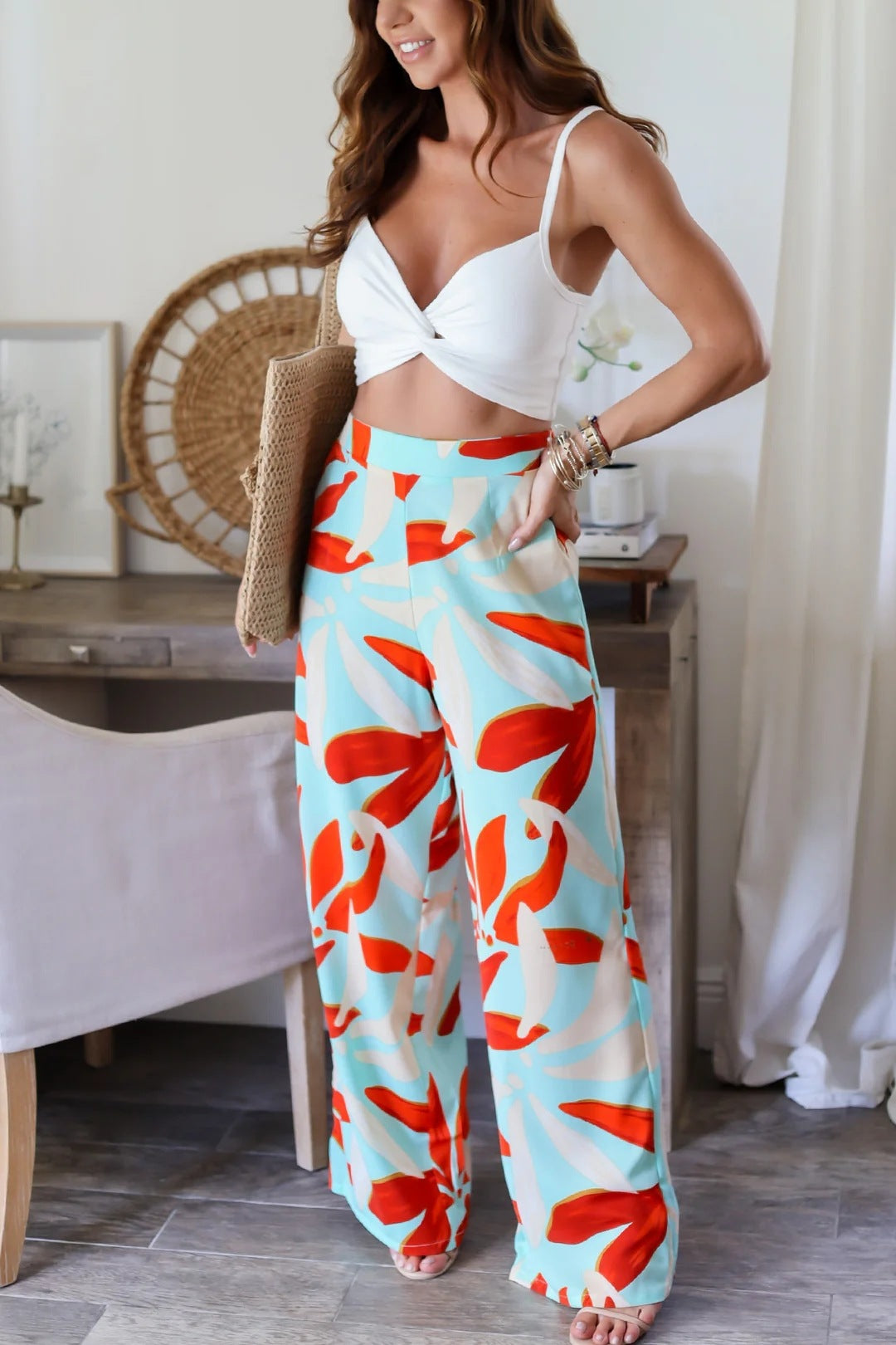 Leaf Print High Waist Straight Leg Pants Multi