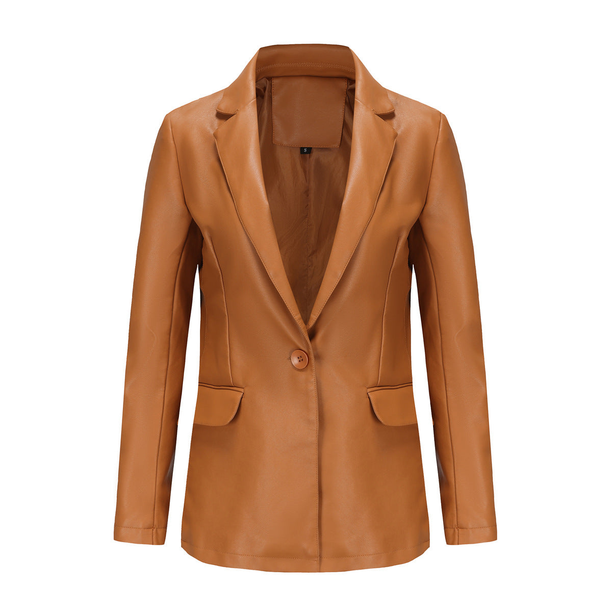 Small Long Sleeved Coat Women Single Button Office Casual Solid Color Leather Coat Camel