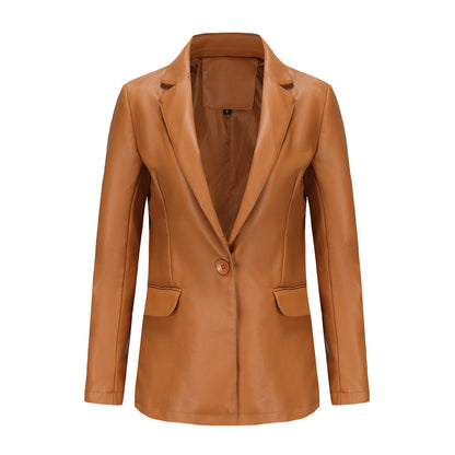 Small Long Sleeved Coat Women Single Button Office Casual Solid Color Leather Coat Camel