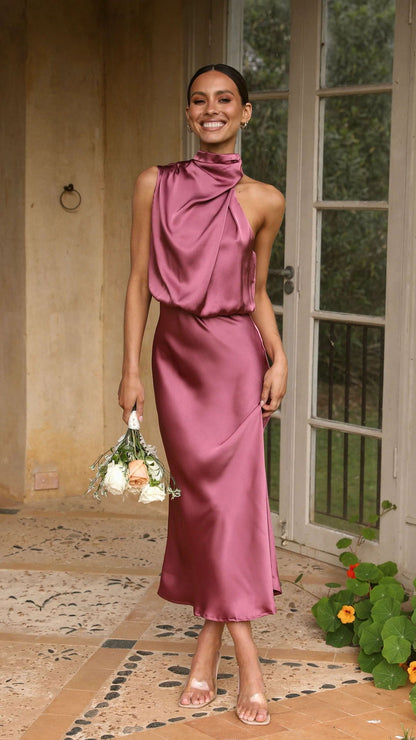 Sleeveless Halter Solid Color Satin Dress Coral Red