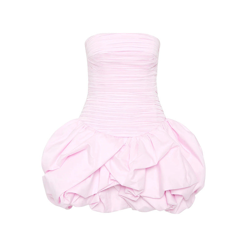 Tube Top High Waist Pleated Dress Women Pink