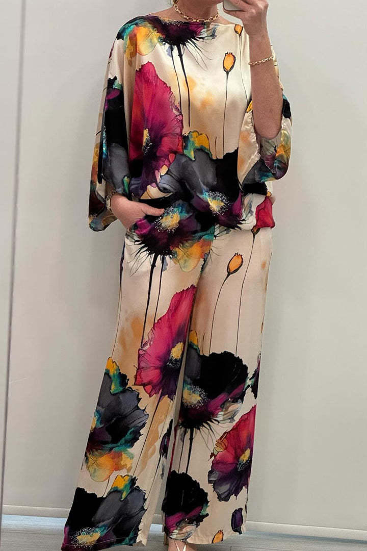 Unique Elegant Satin Loose Fit Printed Batwing Sleeve Set Black