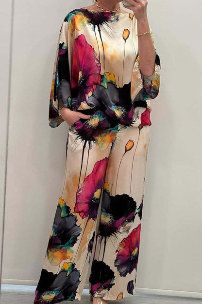 Unique Elegant Satin Loose Fit Printed Batwing Sleeve Set Black