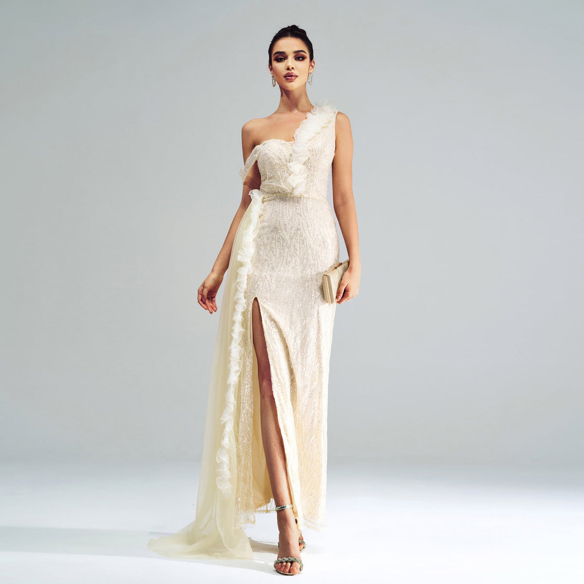 Elegant Sleeveless One Shoulder Cold Shoulder Cocktail Sequined Split Evening Dress Pale Yellow