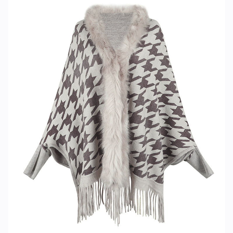 Tassel Cloak Houndstooth Fur Collar One Size Apricot