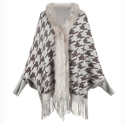 Tassel Cloak Houndstooth Fur Collar One Size Apricot