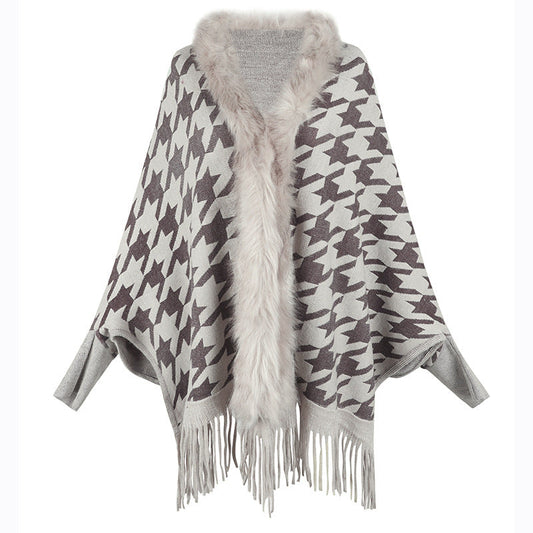 Tassel Cloak Houndstooth Fur Collar One Size Apricot