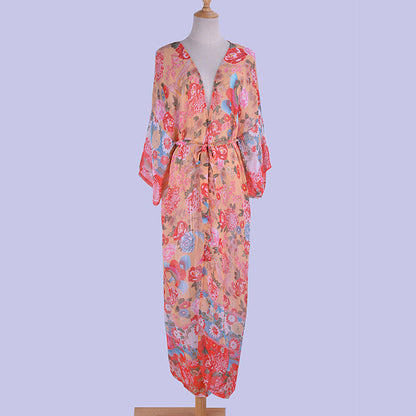 Chiffon Printed Loose Oversized Cardigan Beach Dress Bikini Cover Vacation Dress Sun Protection Shirt